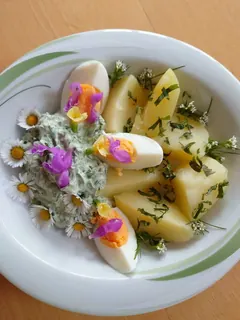 Karfreitagessen mit 9-KrÃ-utersauce, Kräuterhoch³ Wildpflanzenschule im Chiemgau