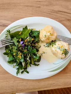 Karotten-Ingwerknödel mit Wildkräutersalat, Kräuterhoch³ Wildpflanzenschule im Chiemgau