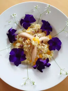Kürbisrisotto mit Haselnüssen und Birne, Kräuterhoch³ Wildpflanzenschule im Chiemgau