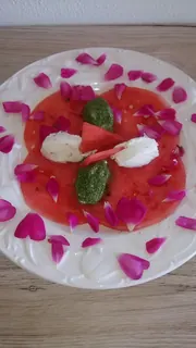 Melonencarpaccio Brennessel-Ziegenkäse, Kräuterhoch³ Wildpflanzenschule im Chiemgau