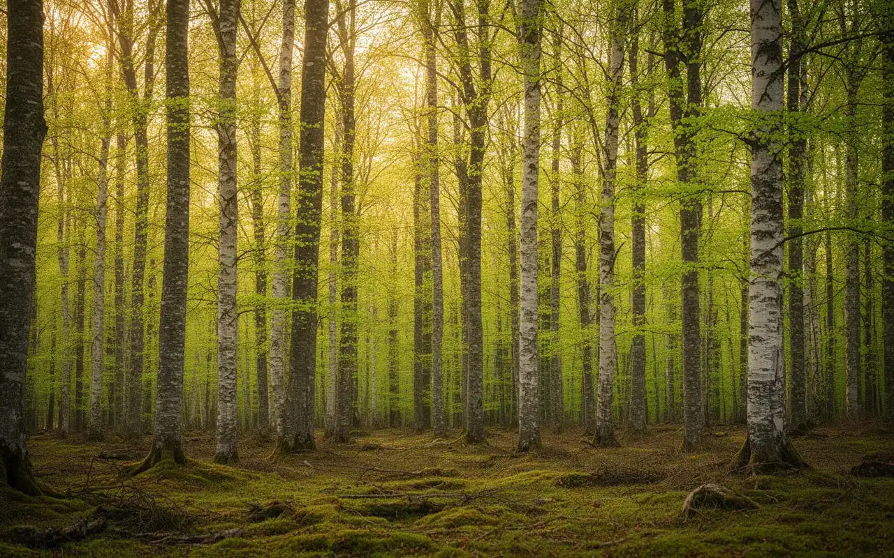 Lichter Birken- und Buchenwald im Chiemgau mit frischem Frühlingsgrün und moosigem Waldboden im goldenen Licht