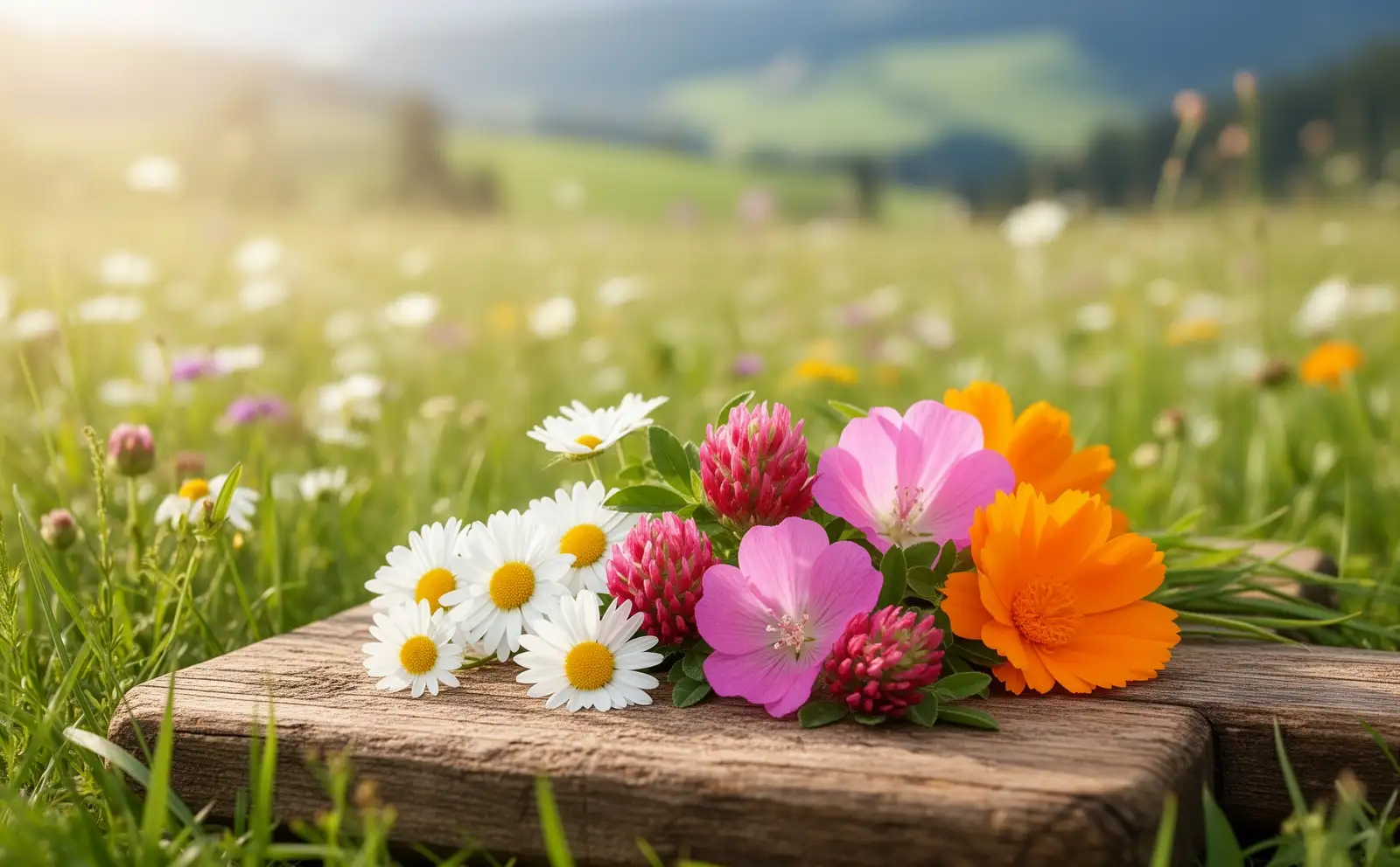 Essbare Wildblüten, Gänseblümchen, Rotklee, Malve und Ringelblume, auf einem Holzbrett vor einer sonnigen Sommerwiese