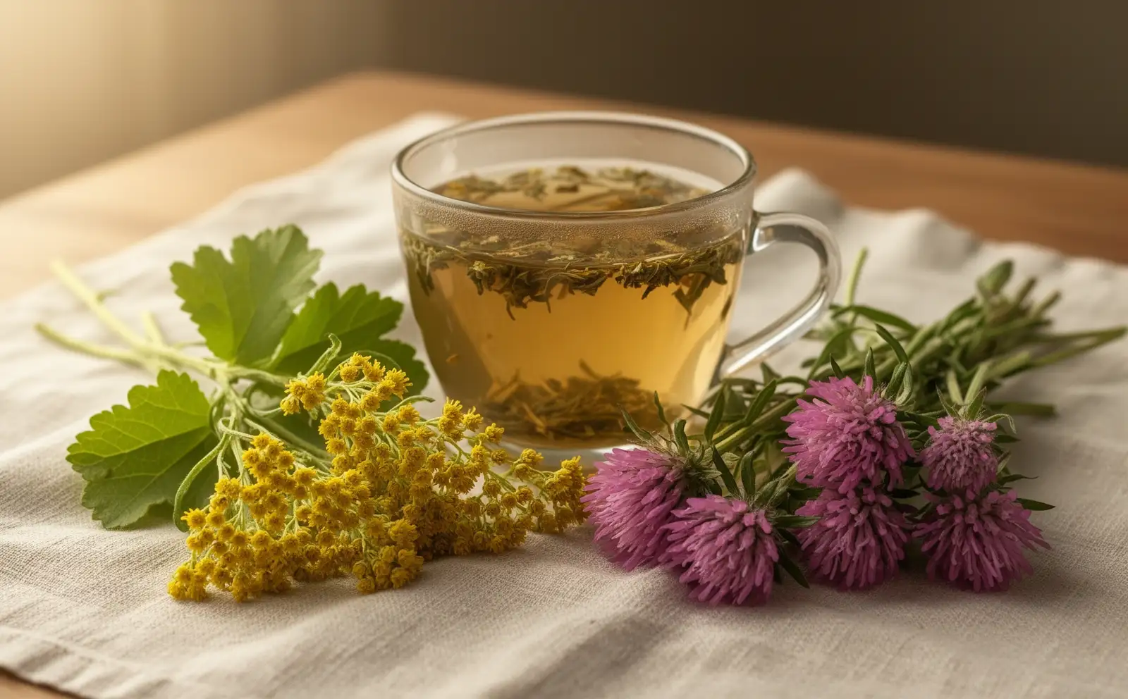 Eine Tasse Kräutertee mit Frauenmantel, gelben Blüten und Rotklee auf hellem Leinentuch