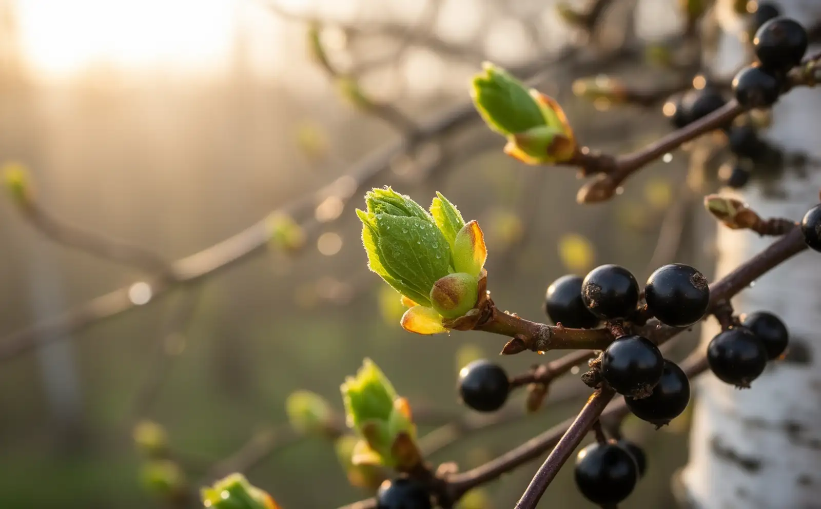 Schwellende Frühlingsknospen an Zweigen mit ersten grünen Spitzen im warmen Morgenlicht