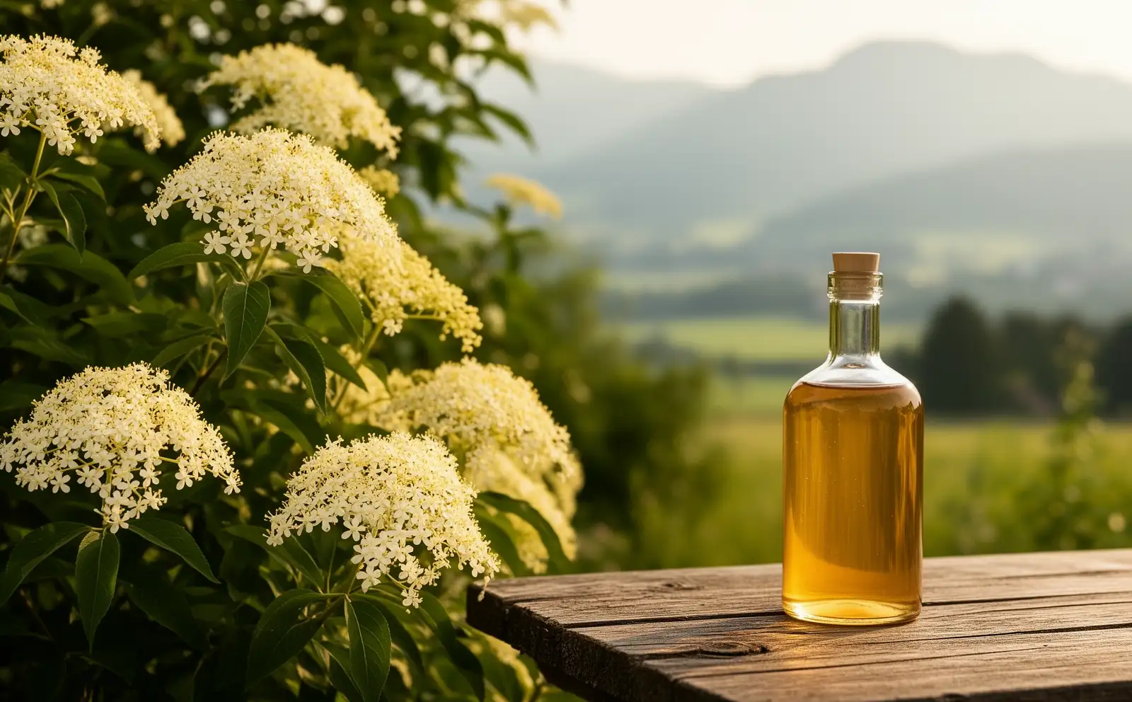 Blühender Holunderstrauch mit cremeweißen Blütendolden und eine Flasche goldener Holunderblütensirup, dahinter die Chiemgauer Hügel