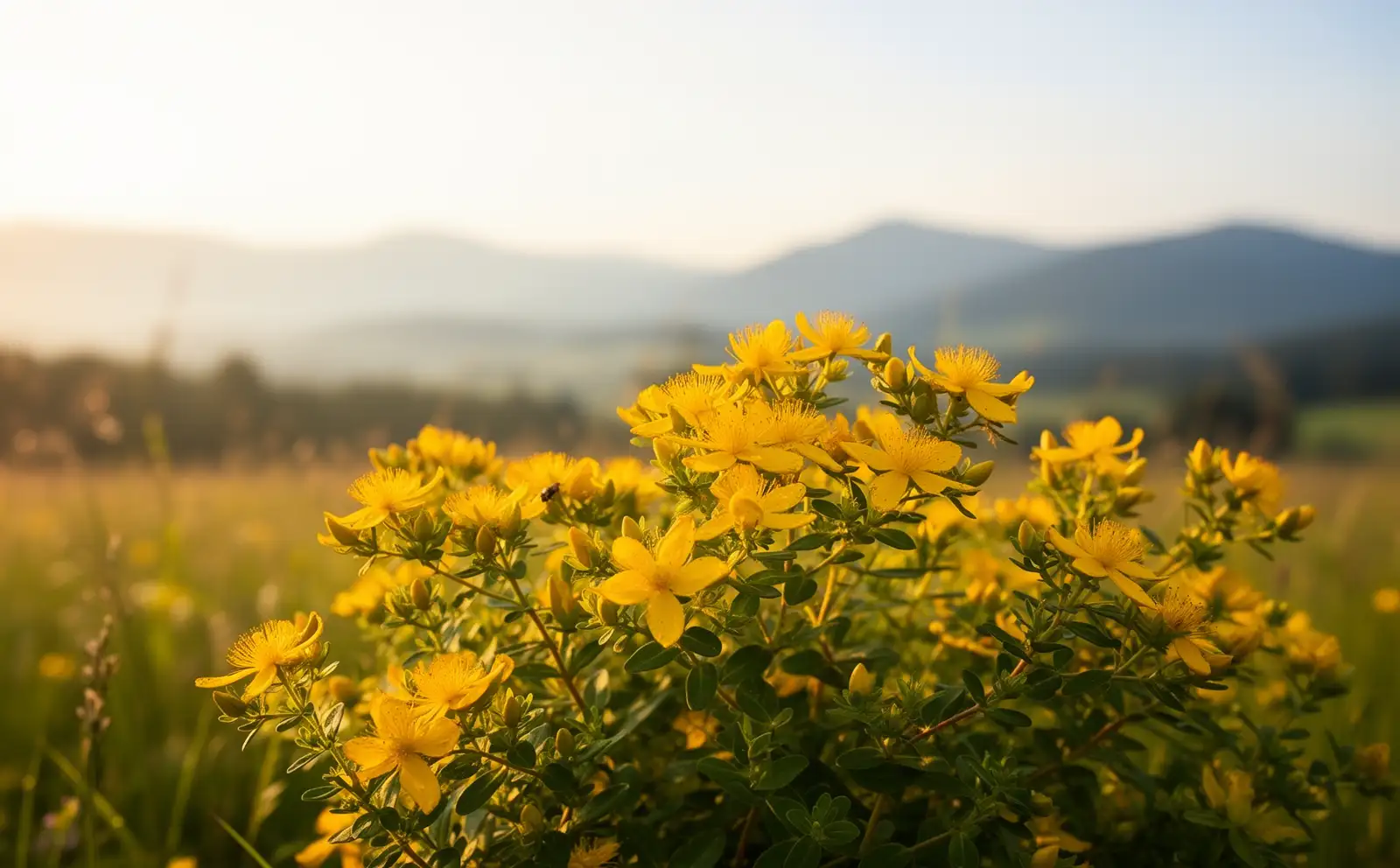 Johanniskraut mit vielen kleinen goldgelben Blüten auf einer Sommerwiese im warmen Abendlicht, dahinter die Chiemgauer Berge