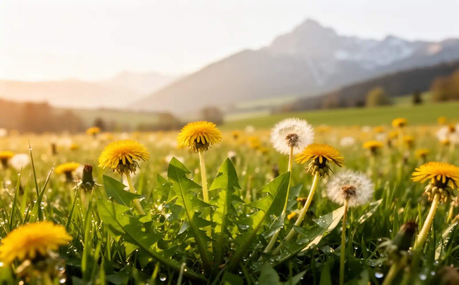 Blühende Löwenzahnwiese mit Pusteblumen im goldenen Morgenlicht, im Hintergrund die Chiemgauer Berge
