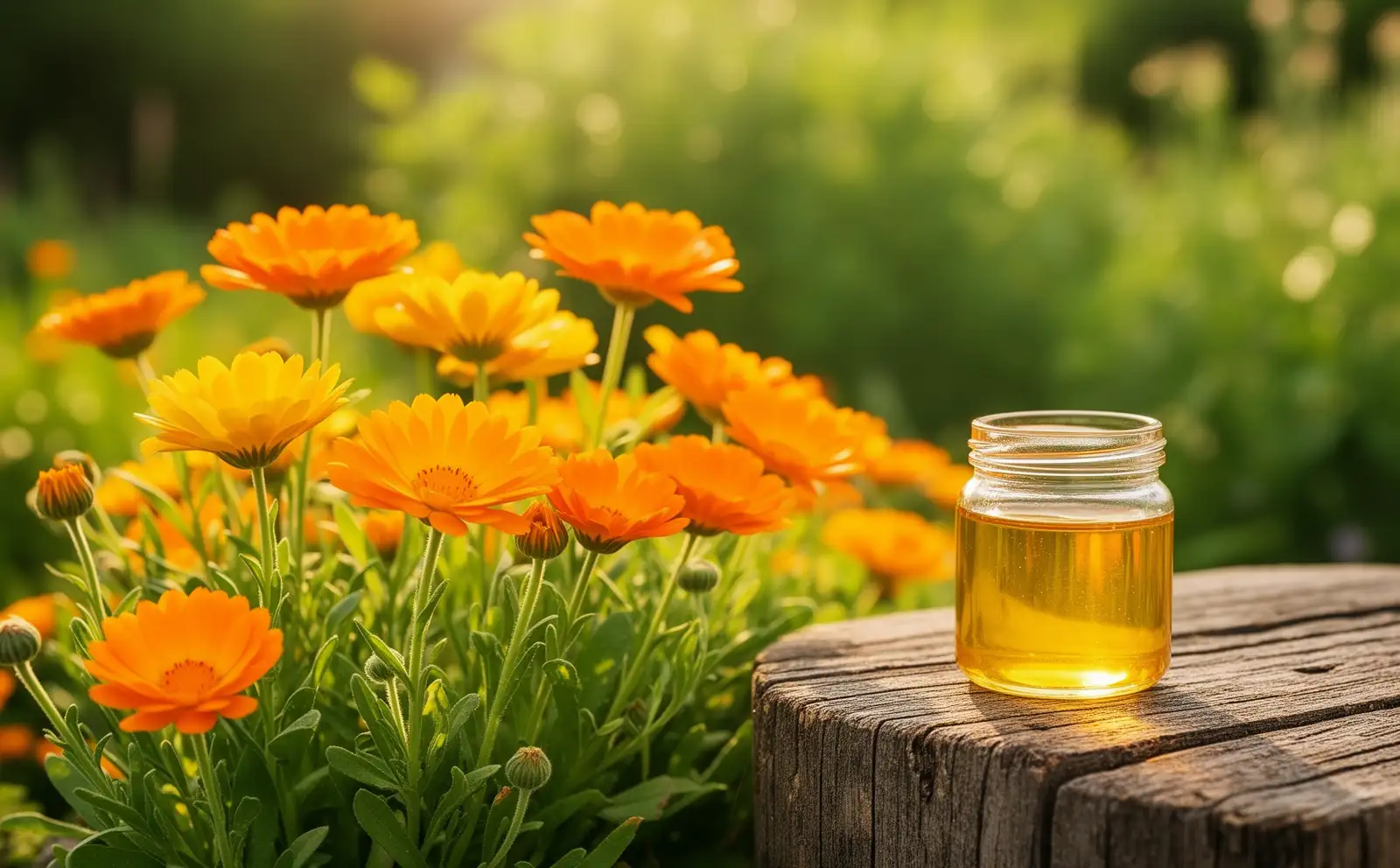 Leuchtend orange Ringelblumen im Bauerngarten und ein Glas mit goldenem Ringelblumenöl auf verwittertem Holz