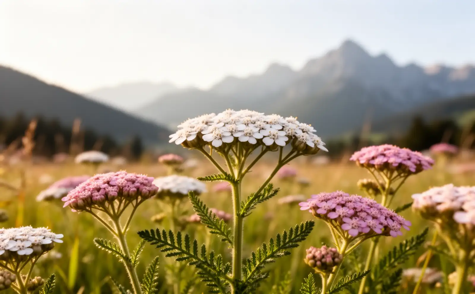 Schafgarbe mit weißen und rosa Doldenblüten und fein gefiederten Blättern auf einer Sommerwiese vor Bergkulisse