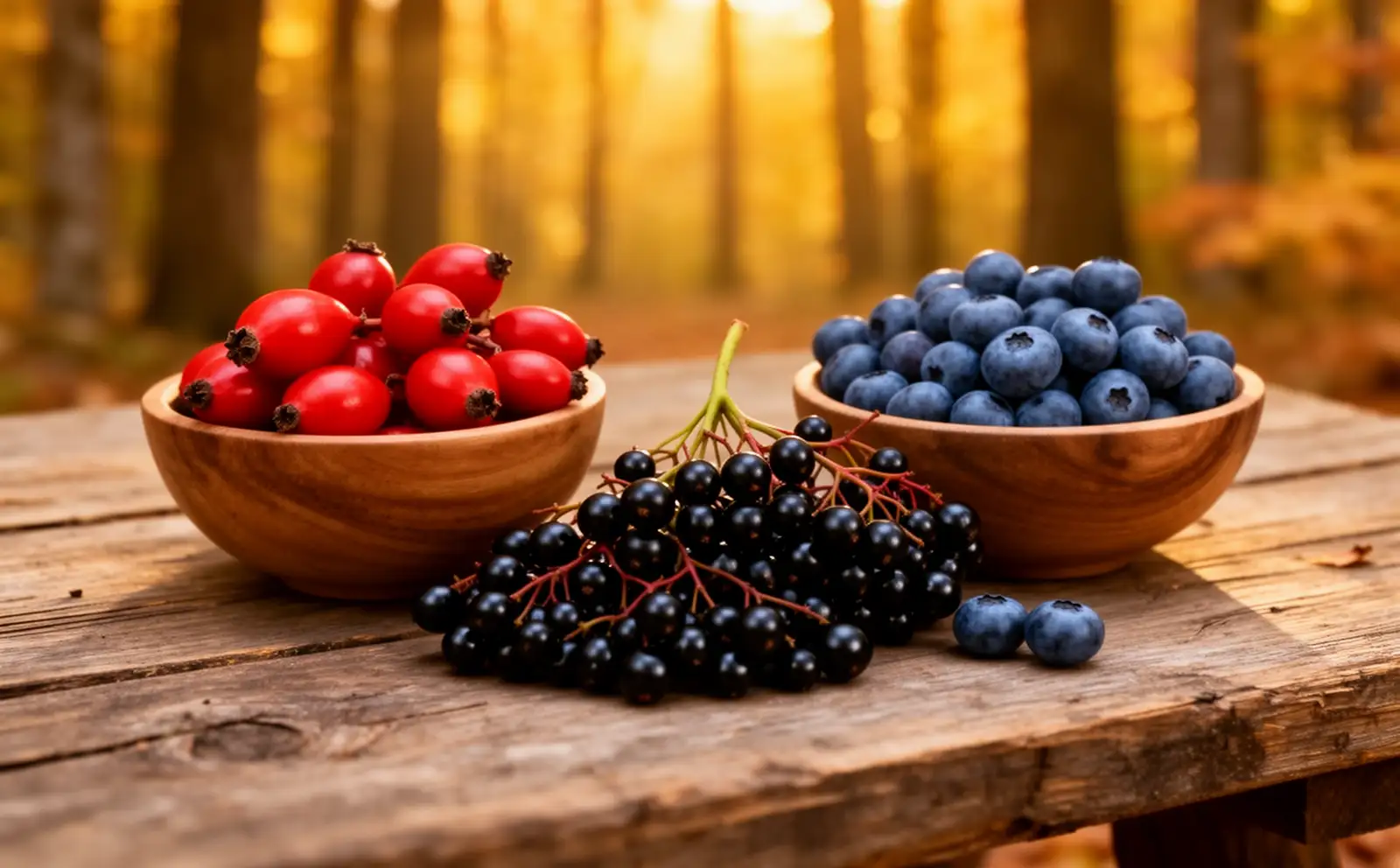 Hagebutten, schwarze Holunderbeeren und Heidelbeeren in Holzschalen auf einem Tisch vor herbstlichem Wald