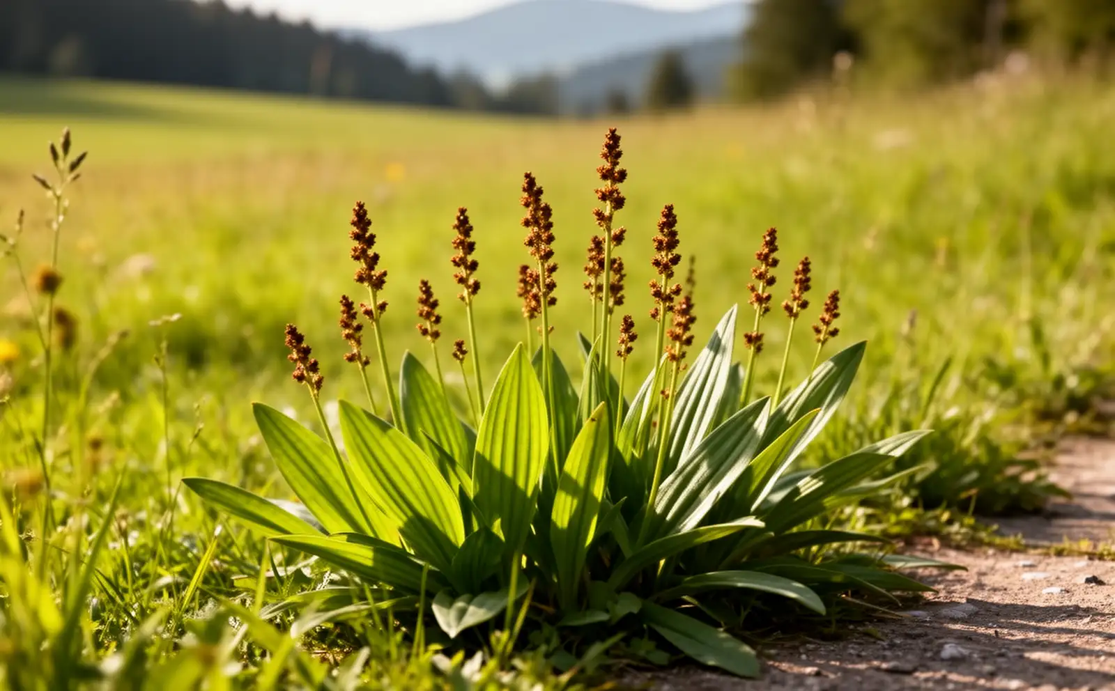 Spitzwegerich mit schmalen gerippten Blättern und braunen Blütenähren am Rand eines sonnigen Wiesenwegs
