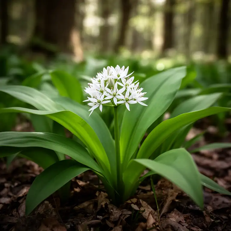 Bärlauch (Allium ursinum) mit weißen Blüten auf dem Waldboden