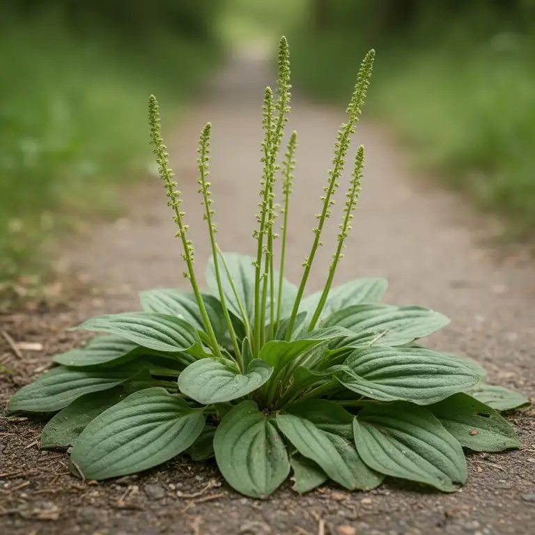 Breitwegerich (Plantago major) mit breiten Blattrosetten auf einem Weg