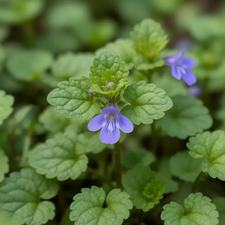 Gundelrebe (Glechoma hederacea) mit nierenförmigen Blättern und violetten Lippenblüten