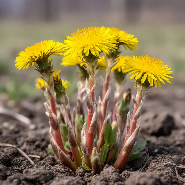 Huflattich (Tussilago farfara) mit gelben Blüten auf nacktem Frühjahrs-Boden
