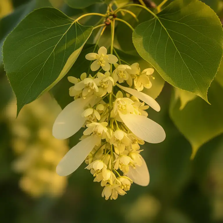 Lindenblüten (Tilia cordata) mit hellen Flügelblättern