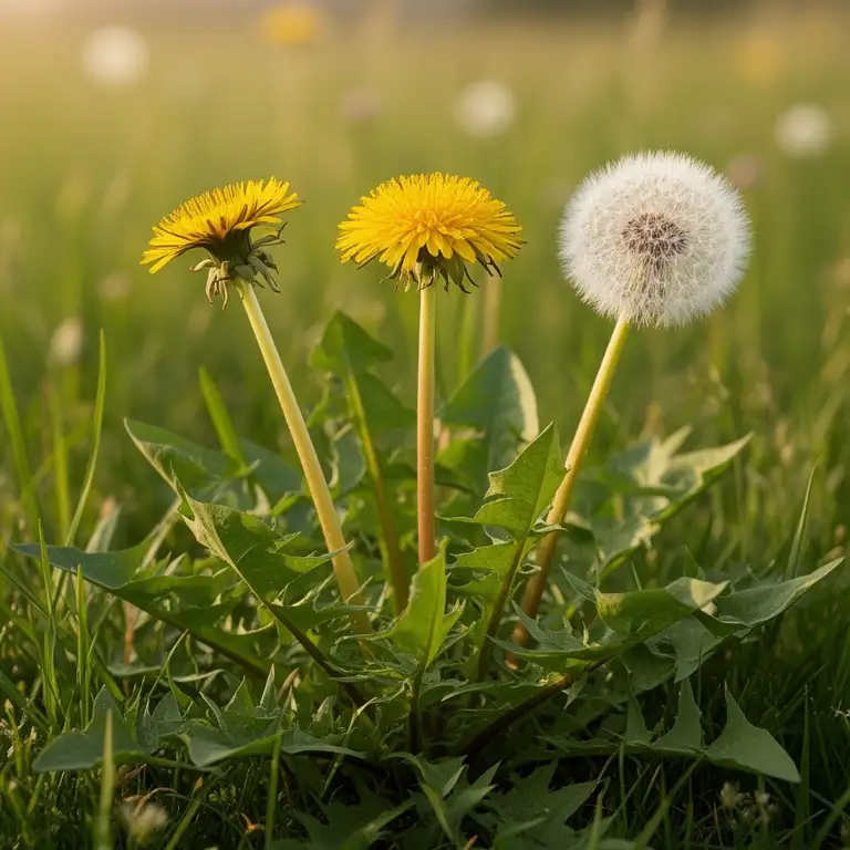 Löwenzahn (Taraxacum officinale) mit gelben Blüten und Pusteblume in der Wiese