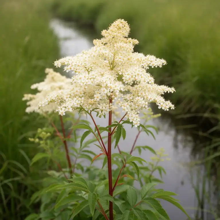Mädesüß (Filipendula ulmaria) mit cremeweißen Blütenwolken am Bachlauf