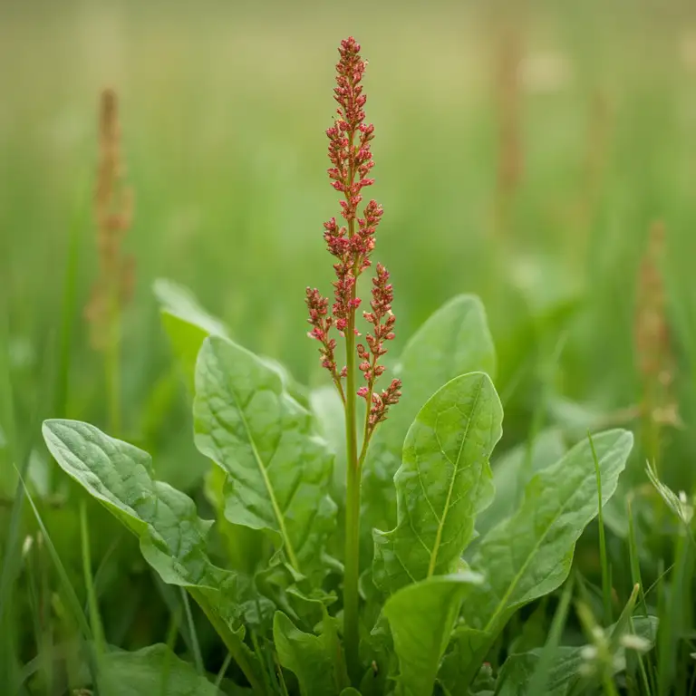 Sauerampfer (Rumex acetosa) mit pfeilförmigen Blättern und rötlicher Rispe
