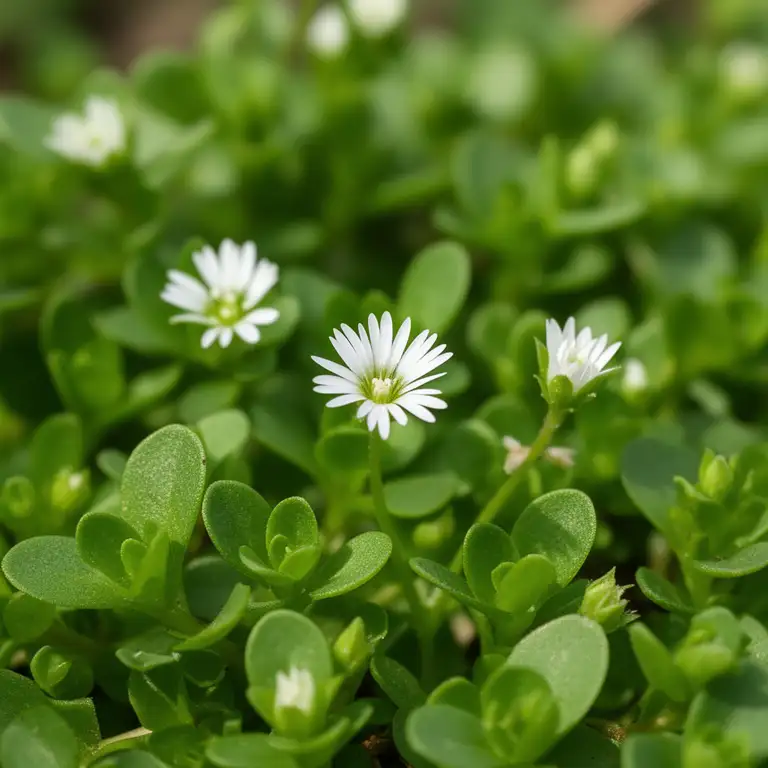 Vogelmiere (Stellaria media) mit kleinen weißen Sternblüten