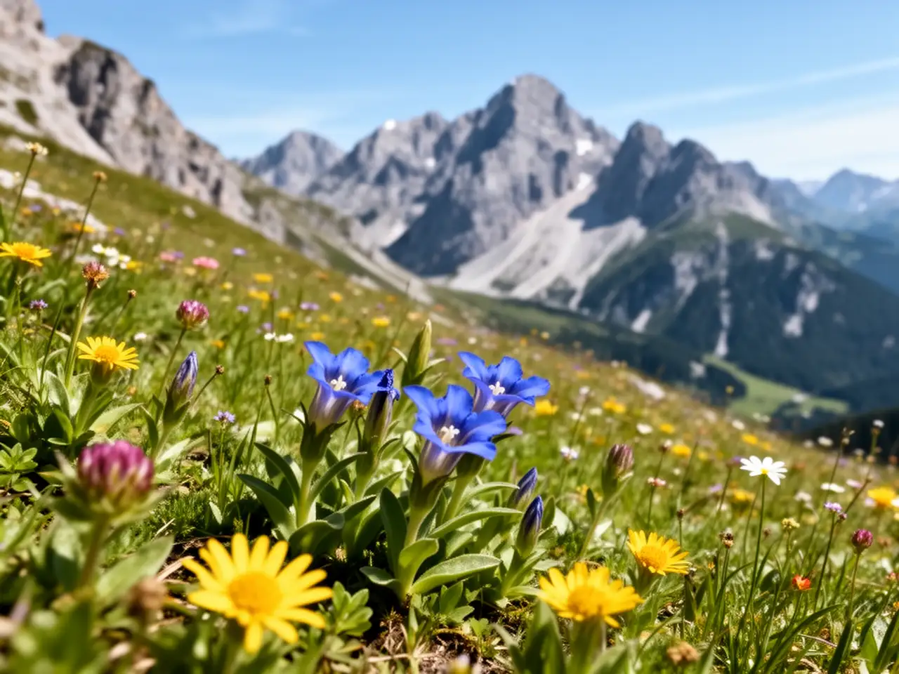 Alpine Kräuterwiese am Berghang im Chiemgau mit Gipfeln im Hintergrund