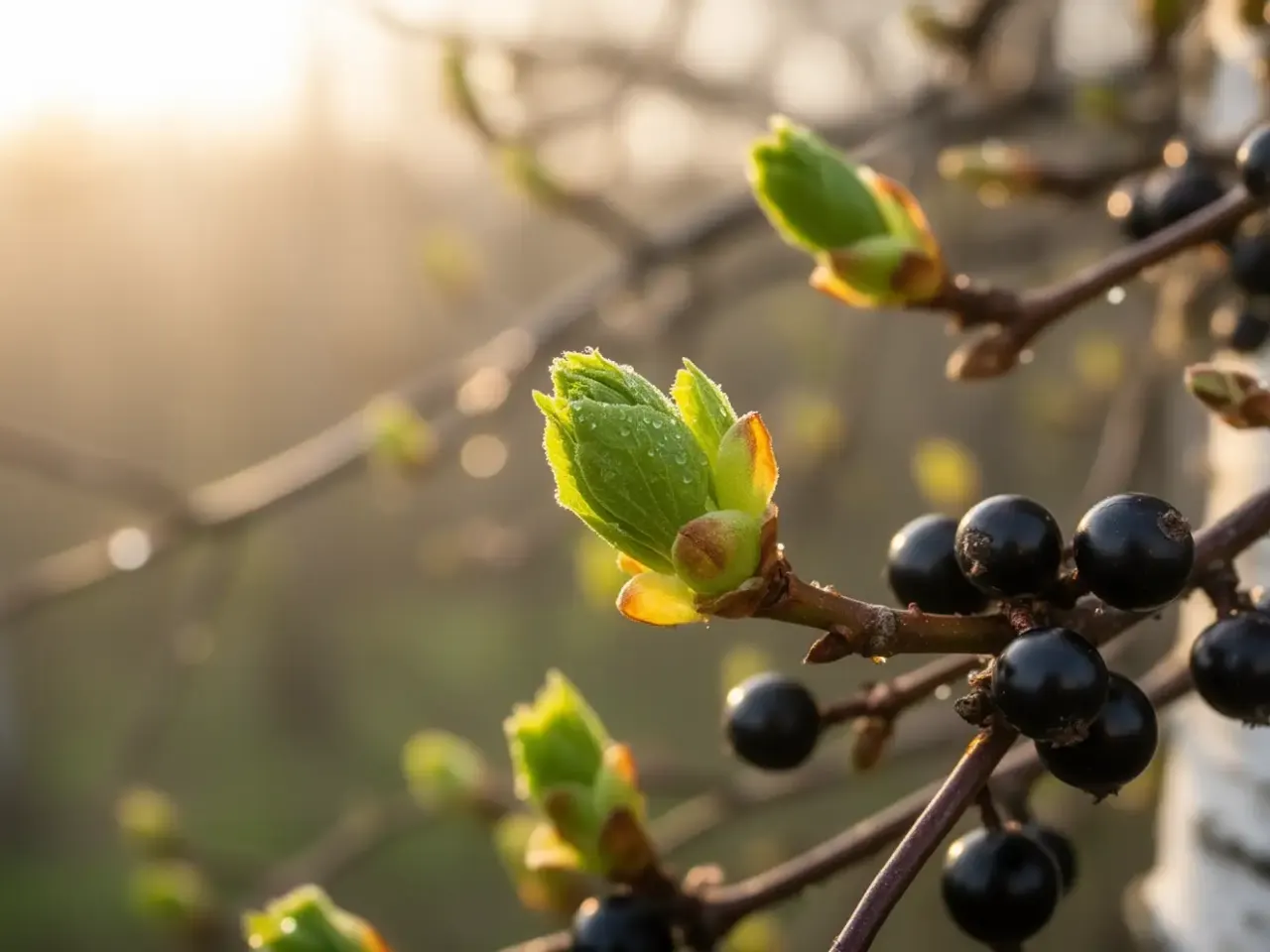 Schwellende Frühlingsknospen an Zweigen mit ersten grünen Spitzen im warmen Morgenlicht