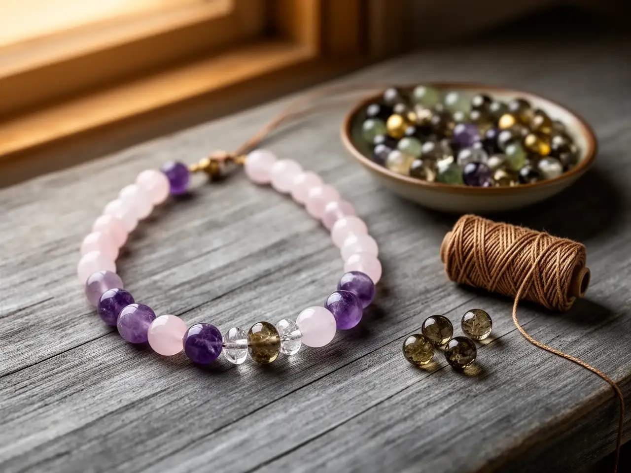 Selbst gefädelte Heilsteinkette aus Rosenquarz, Amethyst und Bergkristall auf Holz