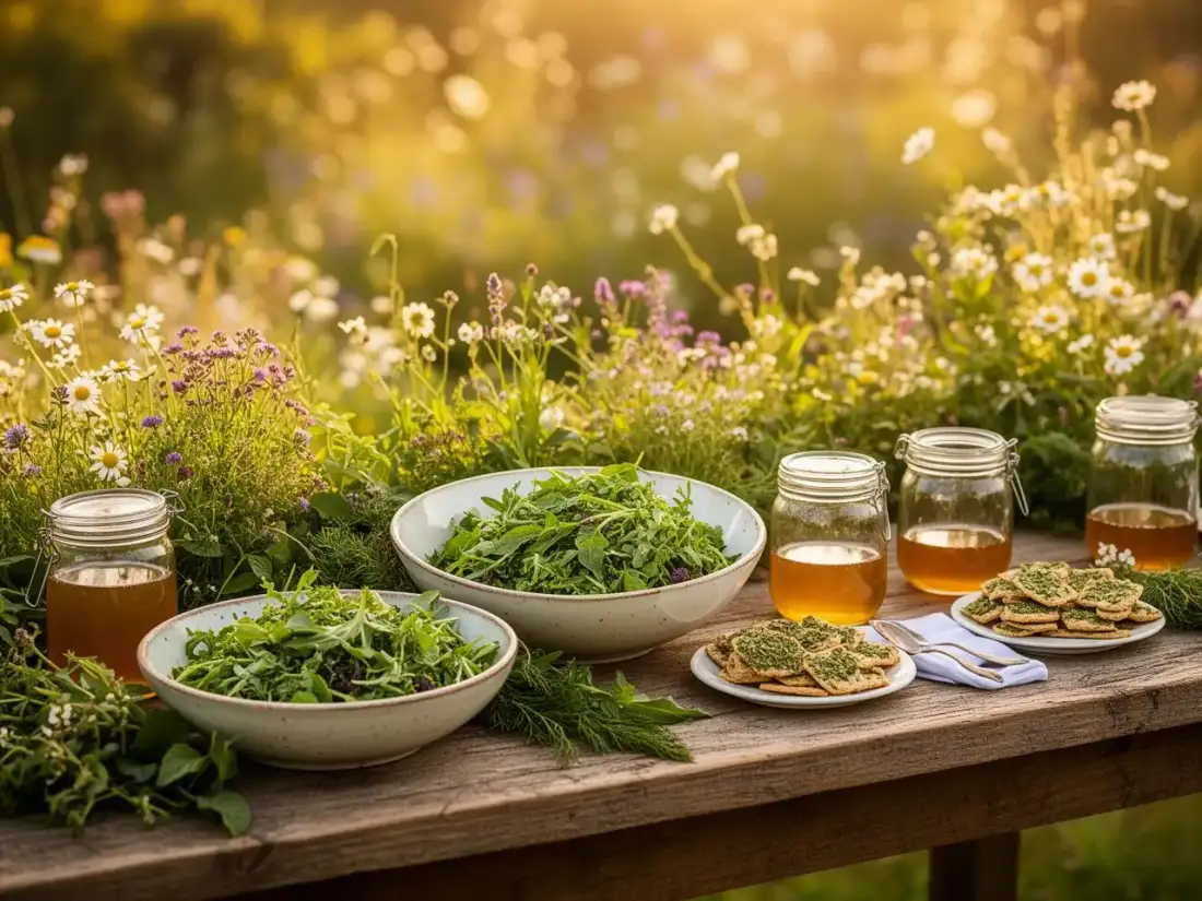 Festlich gedeckter Tisch mit Wildkräuterbuffet im Garten