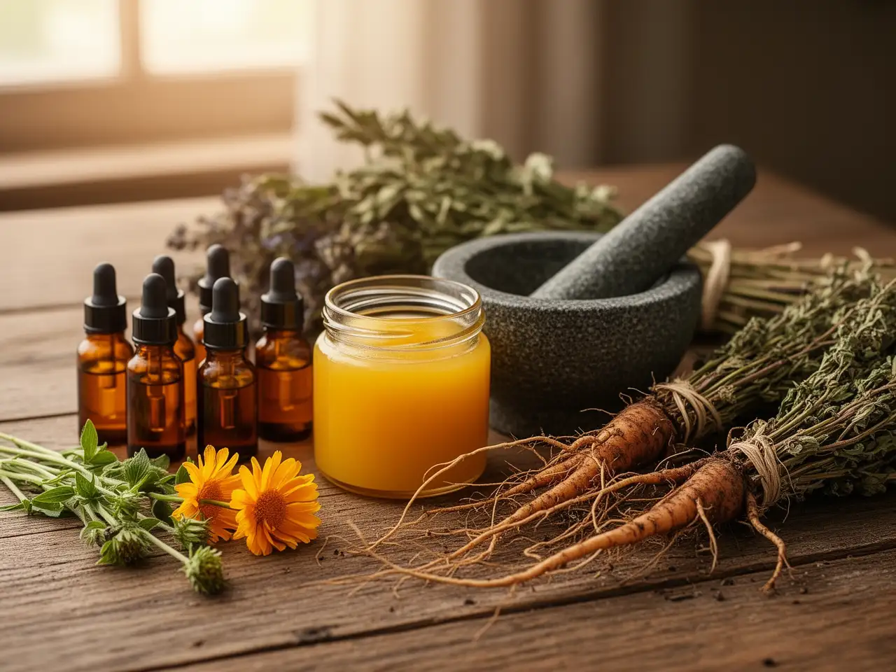 Naturapotheke mit Tinkturfläschchen, Salbe, Wurzeln und Mörser