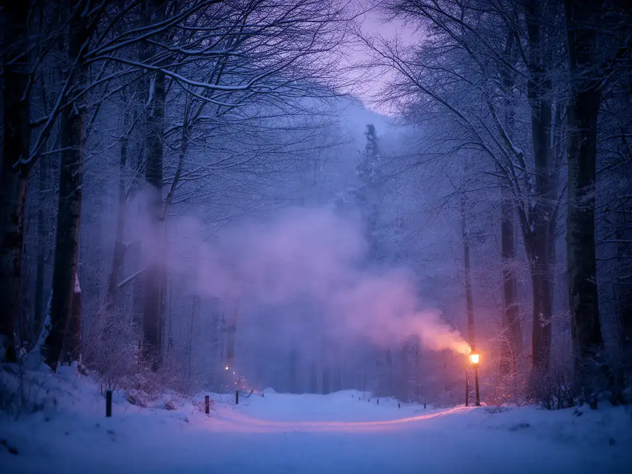 Verschneiter Winterwaldweg in der Dämmerung mit Nebel und Rauch