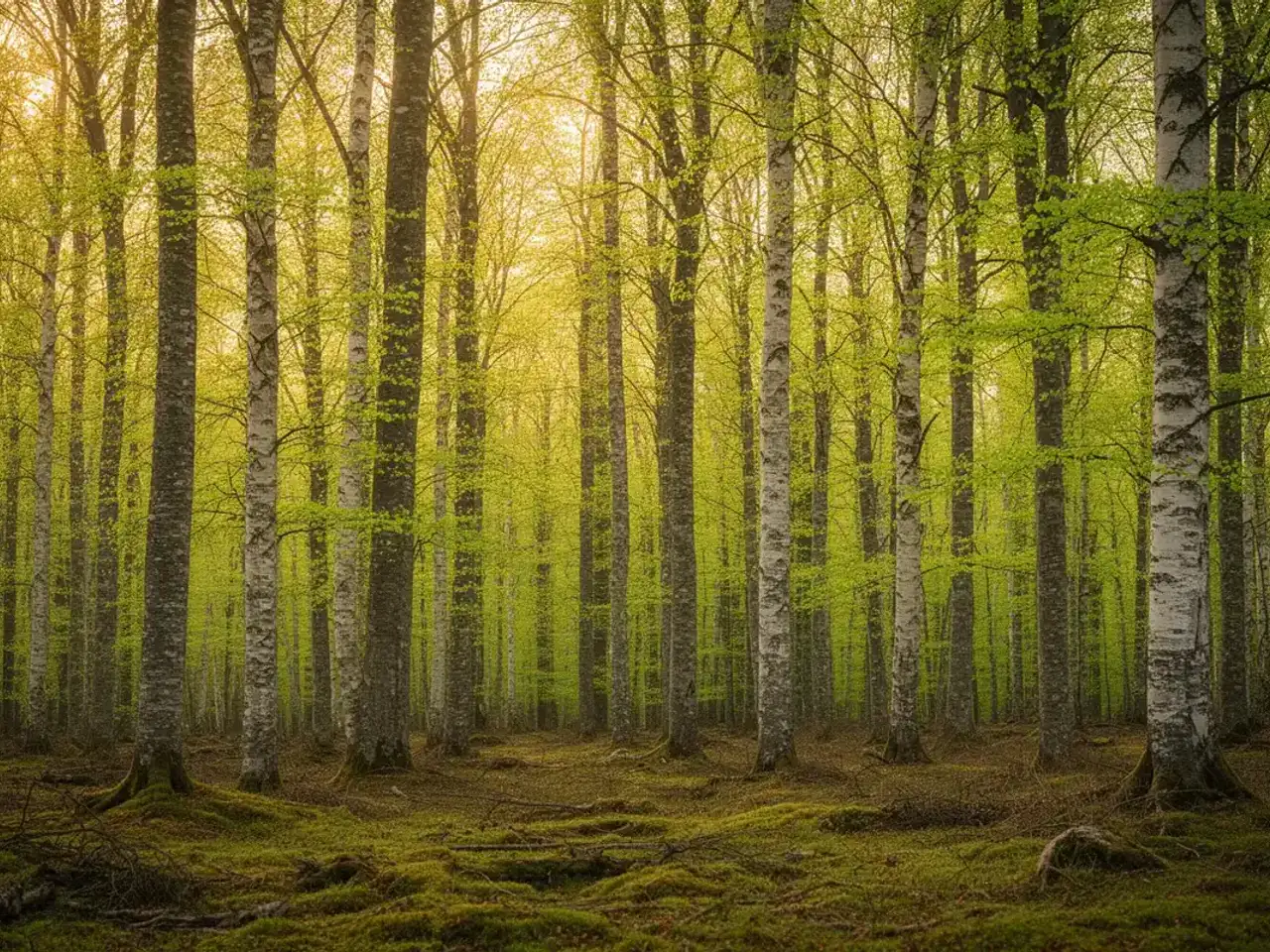 Lichter Birken- und Buchenwald im Chiemgau mit frischem Frühlingsgrün und moosigem Waldboden