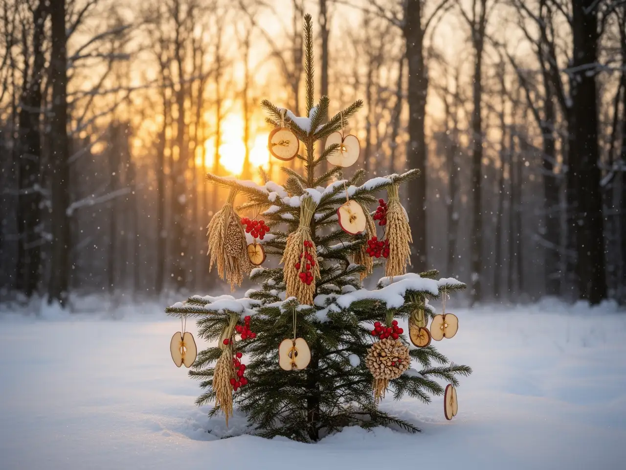 Für die Waldtiere geschmückter, verschneiter Baum im Winterwald bei Sonnenuntergang
