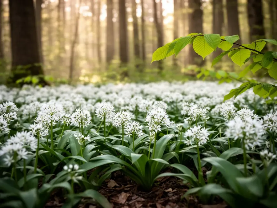 Bärlauchblüten auf dem Waldboden im Frühling
