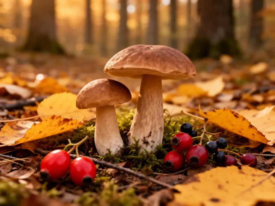 Herbstlicher Waldboden mit Steinpilzen, Hagebutten und Wildfrüchten