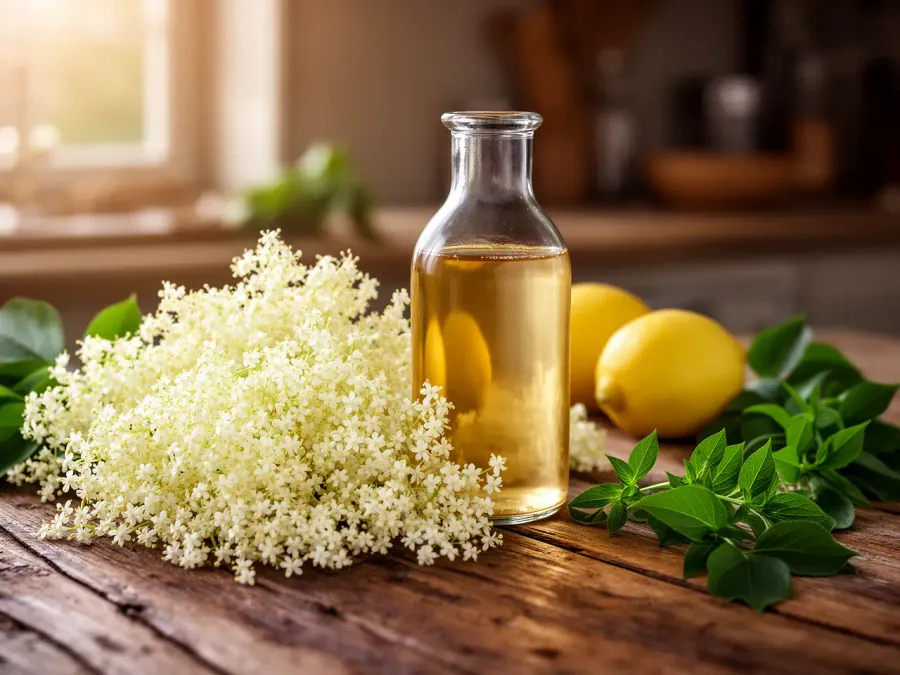 Holunderblüten und eine Flasche selbst angesetzter Holundersirup auf einem Holztisch