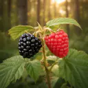 Brombeeren und Himbeeren mit Blättern am Waldrand